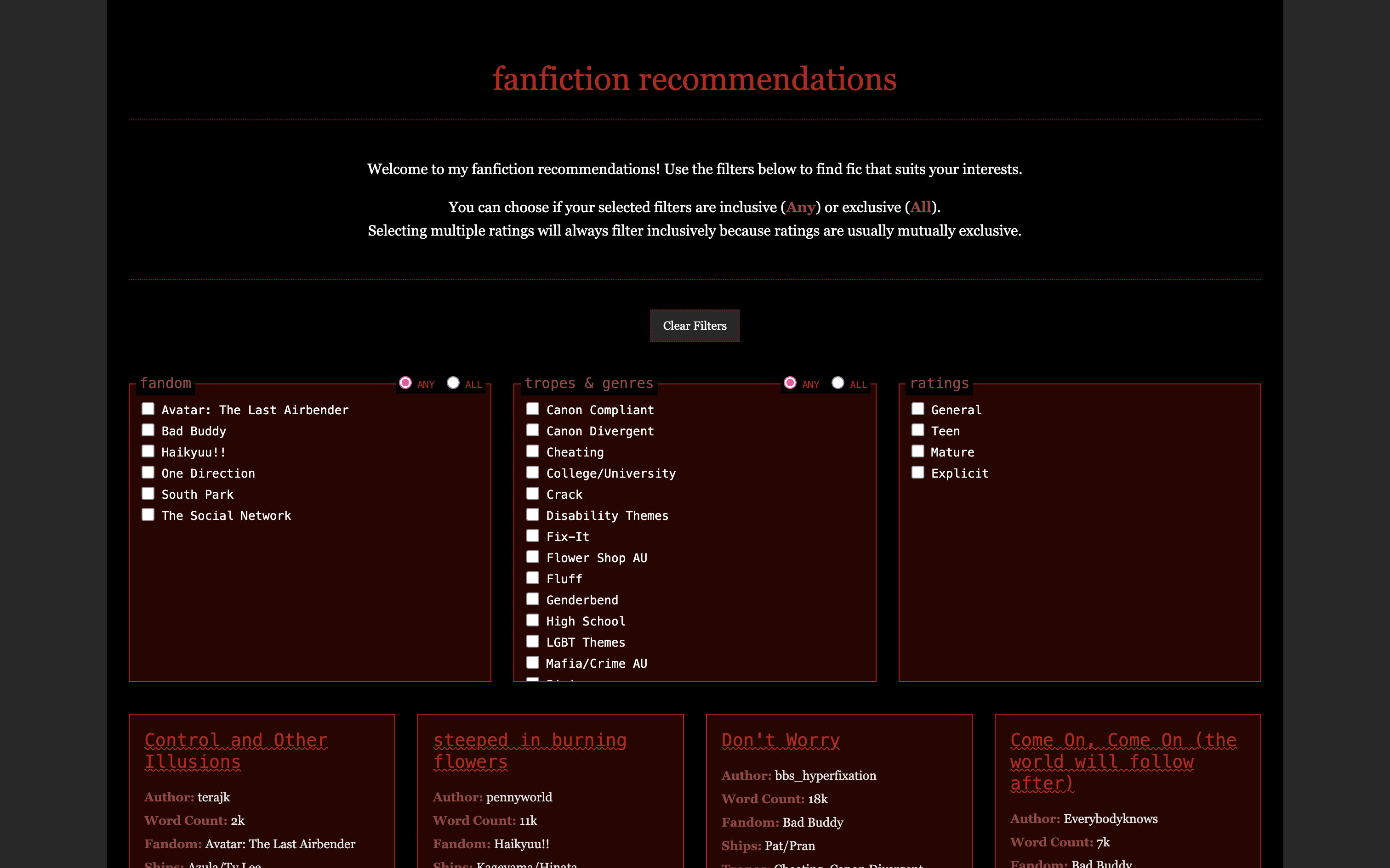 Preview of customized fanfiction rec template